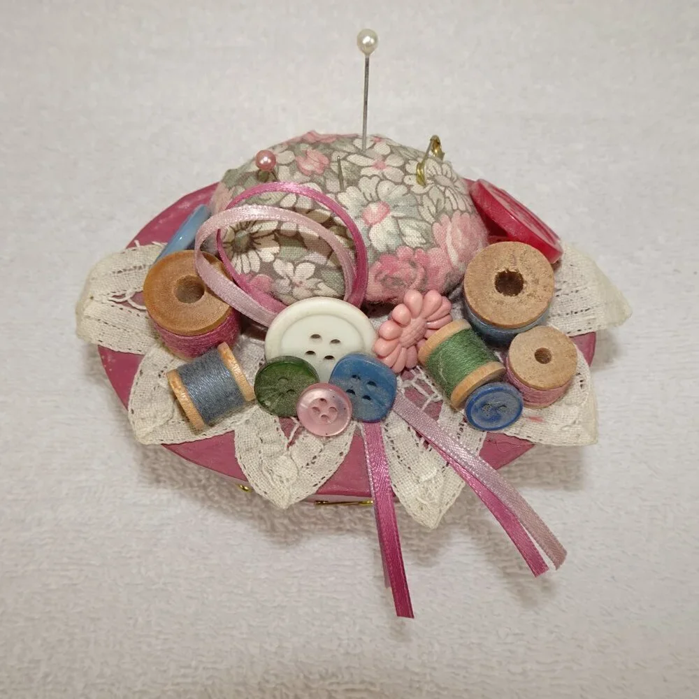 Vintage Sewing Box Pin Cushion Thread Button Organizer Storage 4 Inches Pink